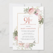 Blush Pink Gold Floral 91st Birthday Party Kaart (Voorkant)