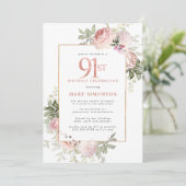 Blush Pink Gold Floral 91st Birthday Party Kaart (Staand voorkant)