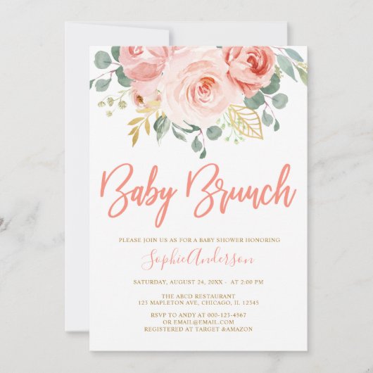 Blush Pink Gold Floral Baby Brunch Baby shower Kaart (Voorkant)