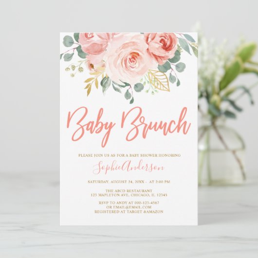 Blush Pink Gold Floral Baby Brunch Baby shower Kaart (Staand voorkant)