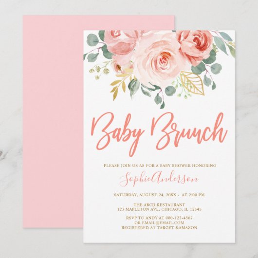 Blush Pink Gold Floral Baby Brunch Baby shower Kaart (Voorkant / Achterkant)