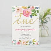 Blush Pink Gold Floral Baby Girl Eerste verjaardag Kaart (Staand voorkant)