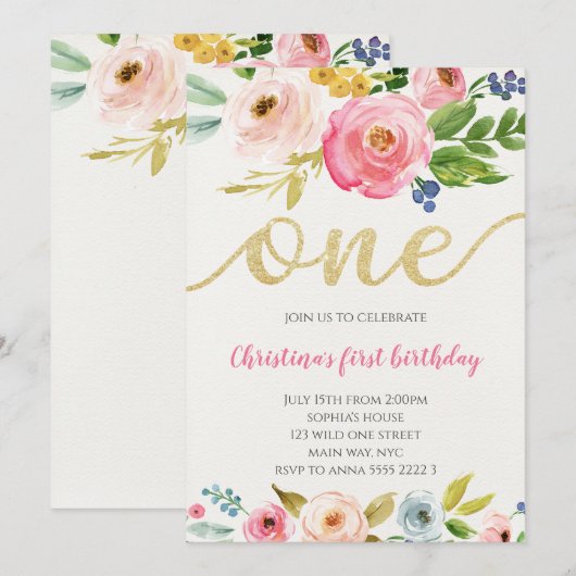 Blush Pink Gold Floral Baby Girl Eerste verjaardag Kaart (Voorkant / Achterkant)