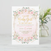  Blush Pink Gold Floral Baby Girl Shower Kaart (Staand voorkant)