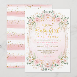  Blush Pink Gold Floral Baby Girl Shower Kaart