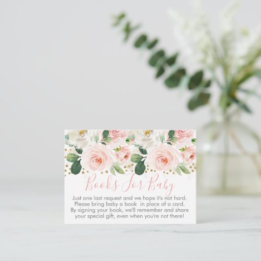 Blush Pink & Gold Floral Baby shower Book Request Informatiekaartje (Staand voorkant)
