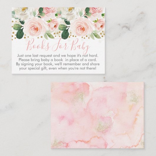 Blush Pink & Gold Floral Baby shower Book Request Informatiekaartje (Voorkant / Achterkant)