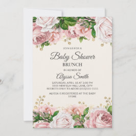 Blush Pink Gold Floral Baby shower Brunch Kaart