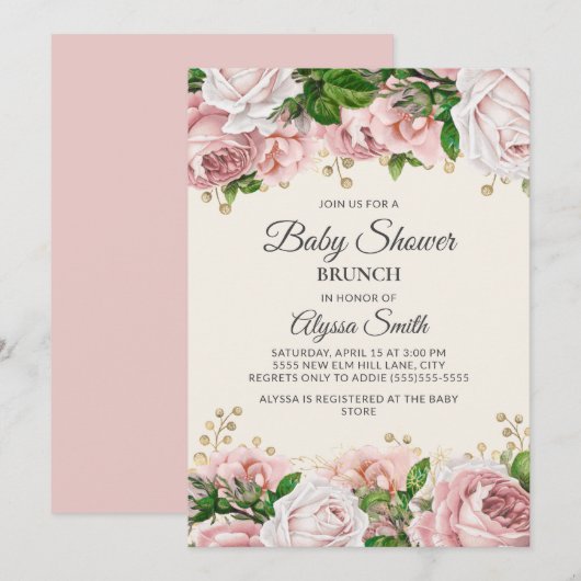 Blush Pink Gold Floral Baby shower Brunch Kaart (Voorkant / Achterkant)