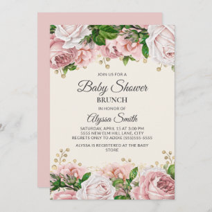 Blush Pink Gold Floral Baby shower Brunch Kaart