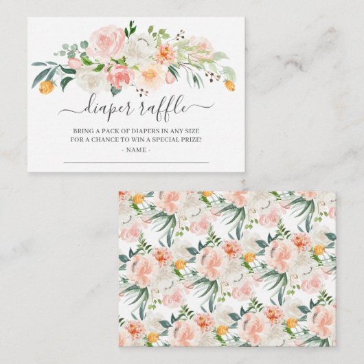 Blush Pink Gold Floral Baby shower Diaper Raffle Informatiekaartje (Voorkant / Achterkant)
