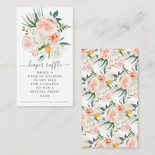 Blush Pink Gold Floral Baby shower Diaper Raffle Informatiekaartje (Voorkant / Achterkant)