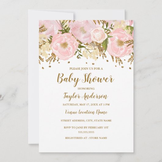  Blush Pink Gold Floral Baby shower Kaart (Voorkant)