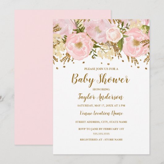  Blush Pink Gold Floral Baby shower Kaart (Voorkant / Achterkant)