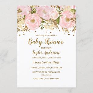 Blush Pink Gold Floral Baby shower Kaart