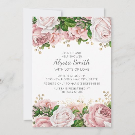 Blush Pink Gold Floral Baby shower Kaart (Voorkant)