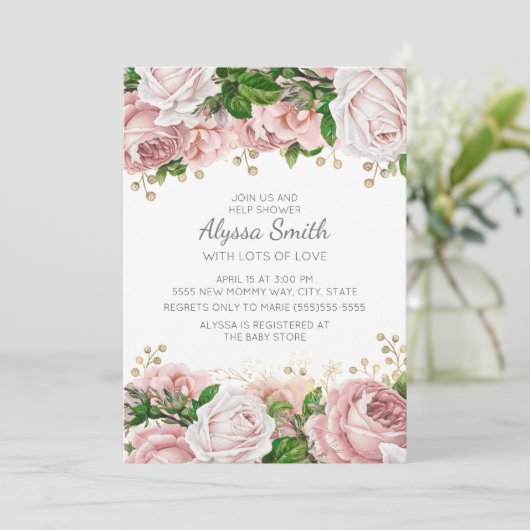 Blush Pink Gold Floral Baby shower Kaart (Staand voorkant)