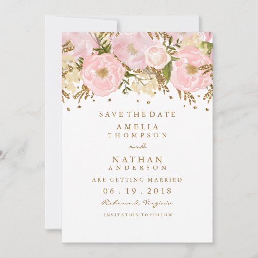  Blush Pink Gold Floral Bewaar de datum Save The Date (Voorkant)