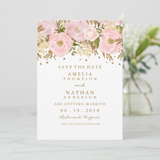  Blush Pink Gold Floral Bewaar de datum Save The Date (Staand voorkant)