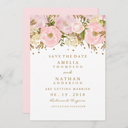  Blush Pink Gold Floral Bewaar de datum Save The Date (Voorkant / Achterkant)