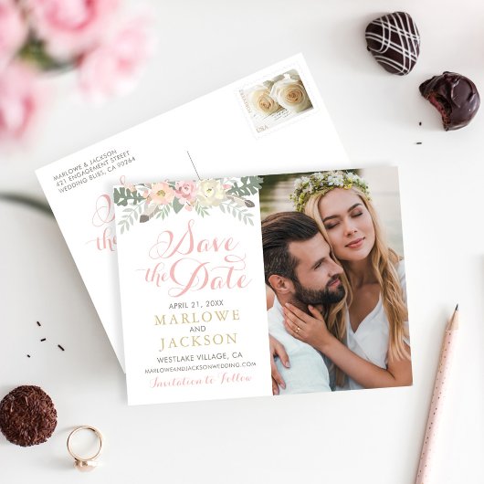 Blush Pink Gold Floral Boho Photo Save the Date Aankondigingskaart