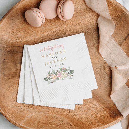 Blush Pink Gold Floral Boho Wedding Monogram Servet
