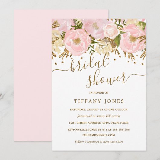 Blush Pink Gold Floral Confetti Vrijgezellenfeest Kaart (Voorkant / Achterkant)