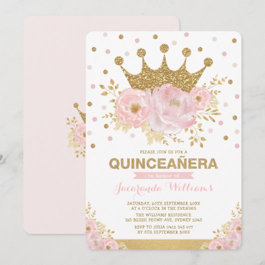Blush Pink Gold Floral Crown Princess Quinceañera Kaart (Voorkant / Achterkant)