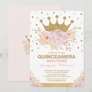 Blush Pink Gold Floral Crown Princess Quinceañera Kaart