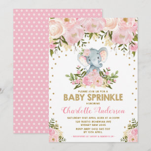 Blush Pink Gold Floral Elephant Girl Baby Sprinkle Kaart