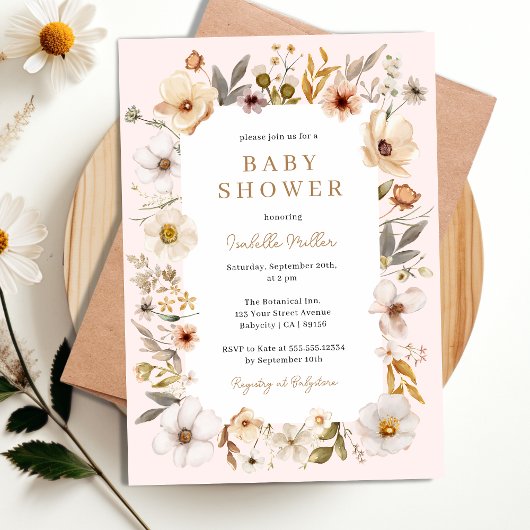 Blush Pink Gold Floral Girl Baby shower Invitation Kaart