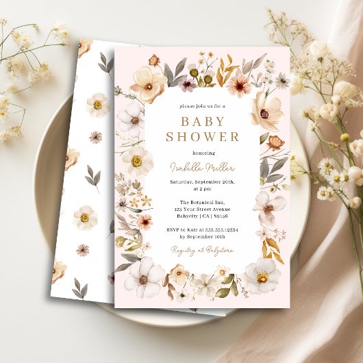 Blush Pink Gold Floral Girl Baby shower Invitation Kaart