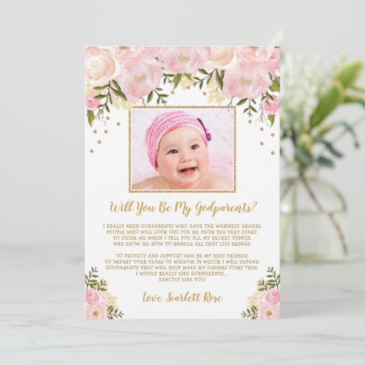 Blush Pink Gold Floral Godparent-conceptkaart Kaart (Staand voorkant)