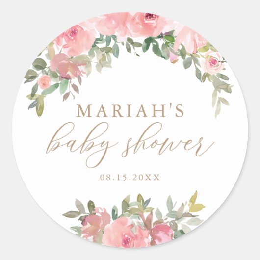 Blush Pink Gold Floral Greenery Baby shower Ronde Sticker (Voorkant)