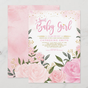 Blush Pink Gold Floral Greenery Girl Baby shower Kaart