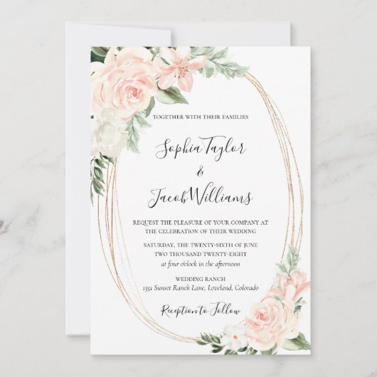 Blush Pink Gold Floral Greenery Wedding Kaart (Voorkant)