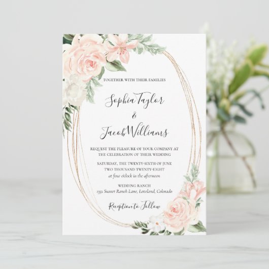 Blush Pink Gold Floral Greenery Wedding Kaart (Staand voorkant)