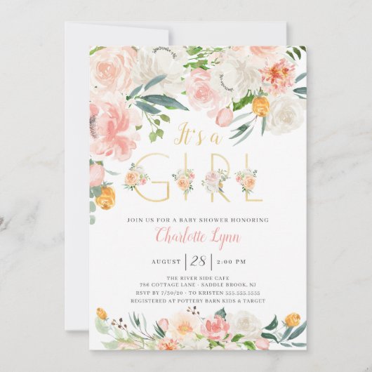 Blush Pink Gold Floral Het is een meisje Baby show Kaart (Voorkant)
