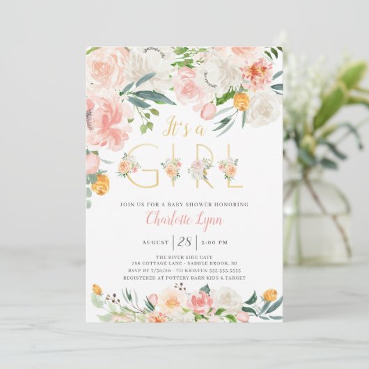 Blush Pink Gold Floral Het is een meisje Baby show Kaart (Staand voorkant)