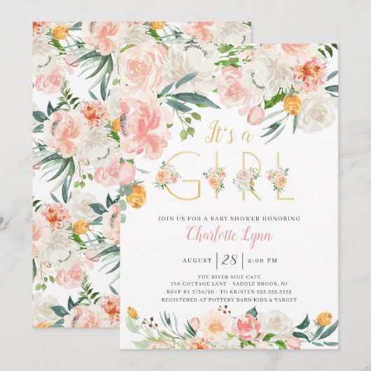 Blush Pink Gold Floral Het is een meisje Baby show Kaart (Voorkant / Achterkant)