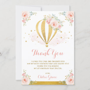 Blush Pink Gold Floral Hot Air Ballon Birthday Bedankkaart