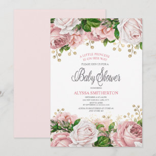 Blush Pink Gold Floral Little Girl Baby shower Kaart