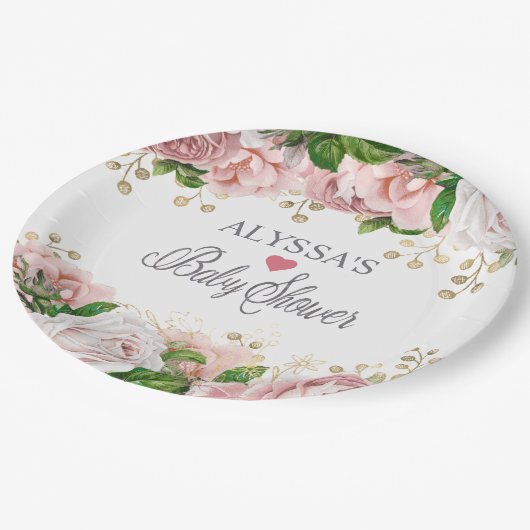 Blush Pink Gold Floral Little Girl Baby shower Papieren Bordje (Gekanteld)