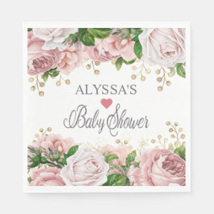 Blush Pink Gold Floral Little Girl Baby shower Servet