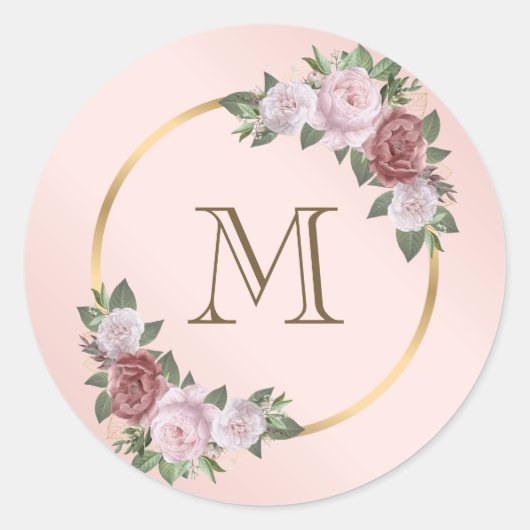 Blush Pink Gold Floral Monogram Initiaal Classic R Ronde Sticker (Voorkant)
