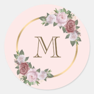 Blush Pink Gold Floral Monogram Initiaal Ronde Sticker