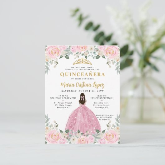 Blush Pink Gold Floral Princess Quinceañera Briefkaart (Staand voorkant)