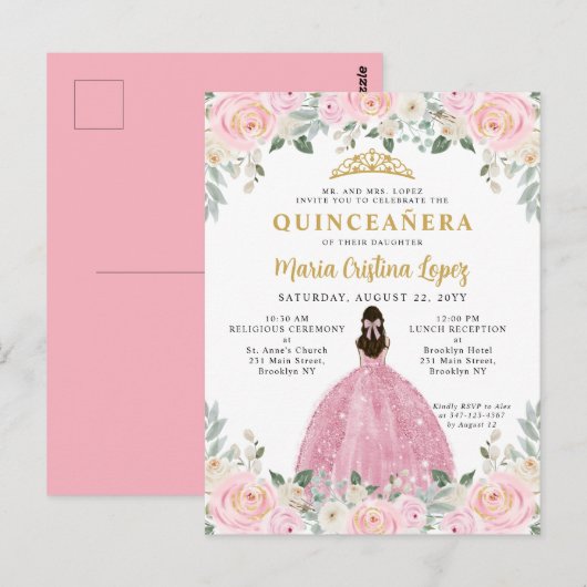 Blush Pink Gold Floral Princess Quinceañera Briefkaart (Voorkant / Achterkant)