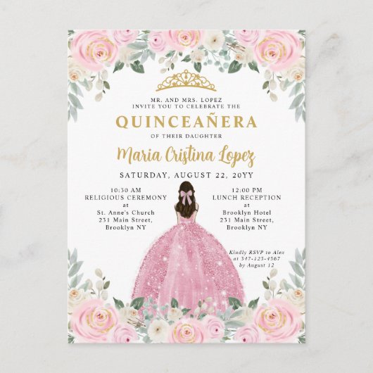 Blush Pink Gold Floral Princess Quinceañera Briefkaart (Voorkant)