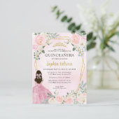 Blush Pink Gold Floral Princess Tiara Quinceañera Briefkaart (Staand voorkant)